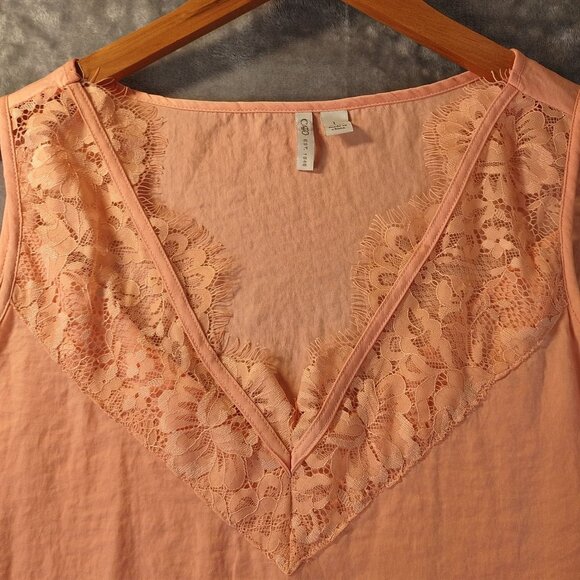 Cato Womens Sleeveless Lace Trim Tank Top L Peach Blush Romantic Boho‎ Textured - Picture 3 of 9